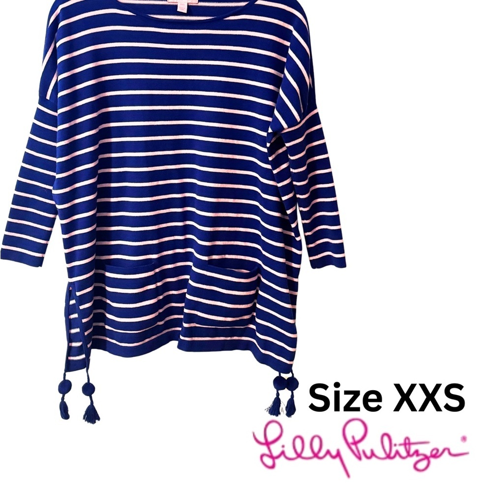 Lilly Pulitzer Sweater Oversized Navy and Pink Striped with Tassles Size XXS EUC